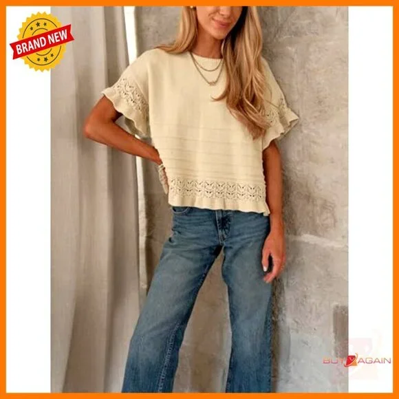 Short Sleeve Sweater Round Neck Ruffled Hem Knit Pullover Summer Casual Top - Picture 2 of 7